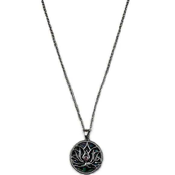 NEW Silver Abalone Shell Lotus Flower Round Pendant Necklace Womens - Picture 2 of 15